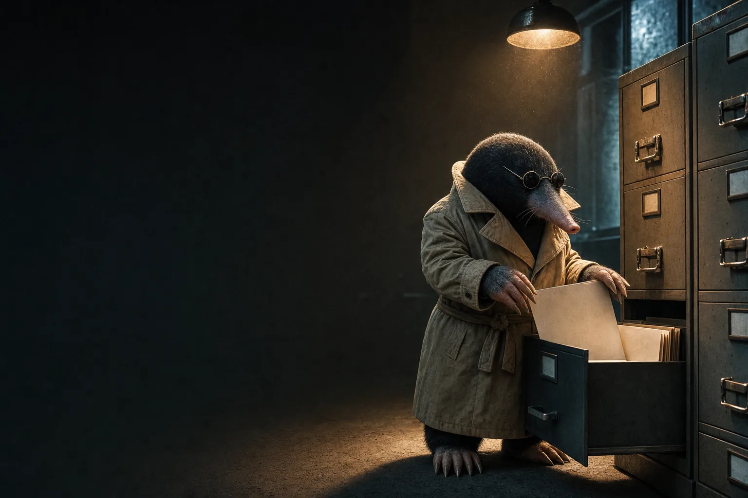 The Mole in a fawn trench coat and black-lensed spectacles, standing beside steel filing cabinets