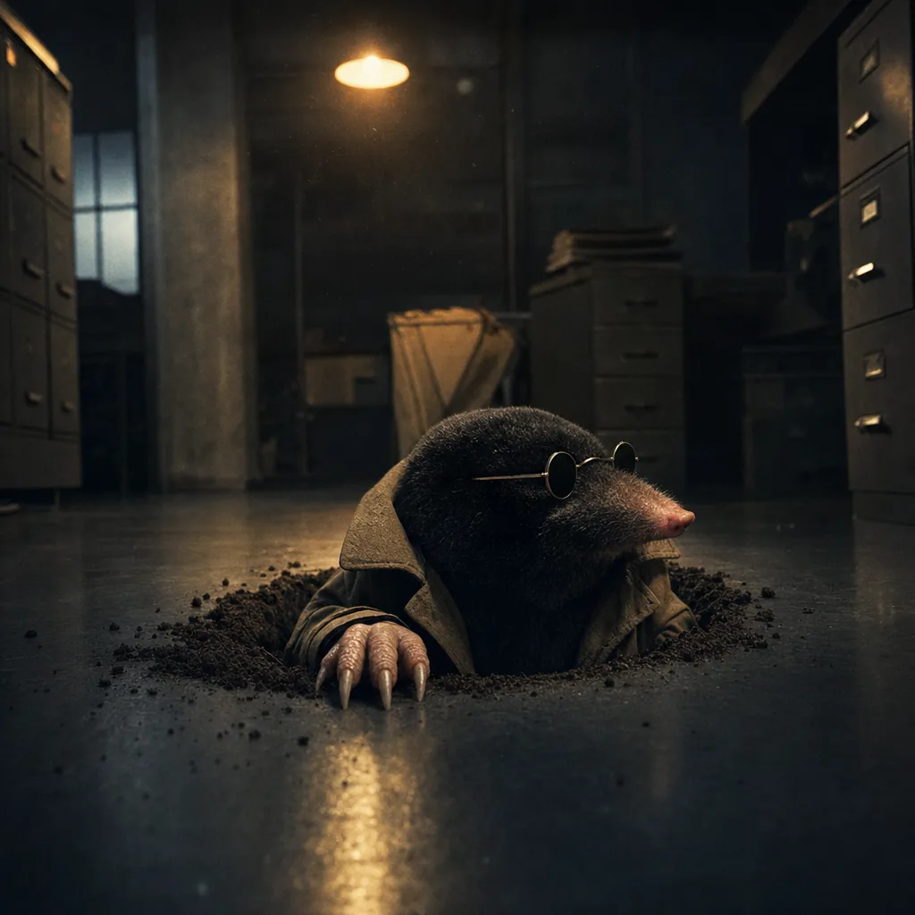 The Mole climbing out of a round hole broken through a polished office floor