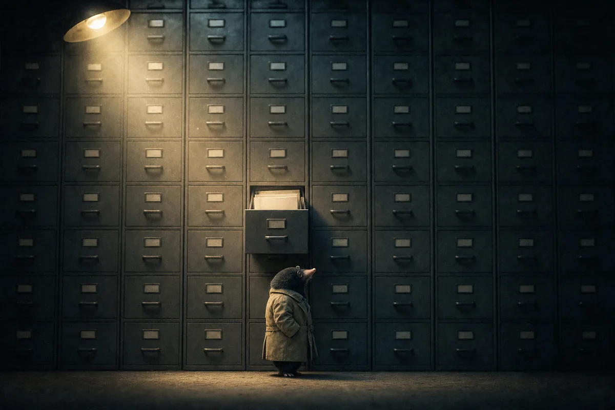 A towering wall of steel filing cabinets with the Mole tiny at the bottom