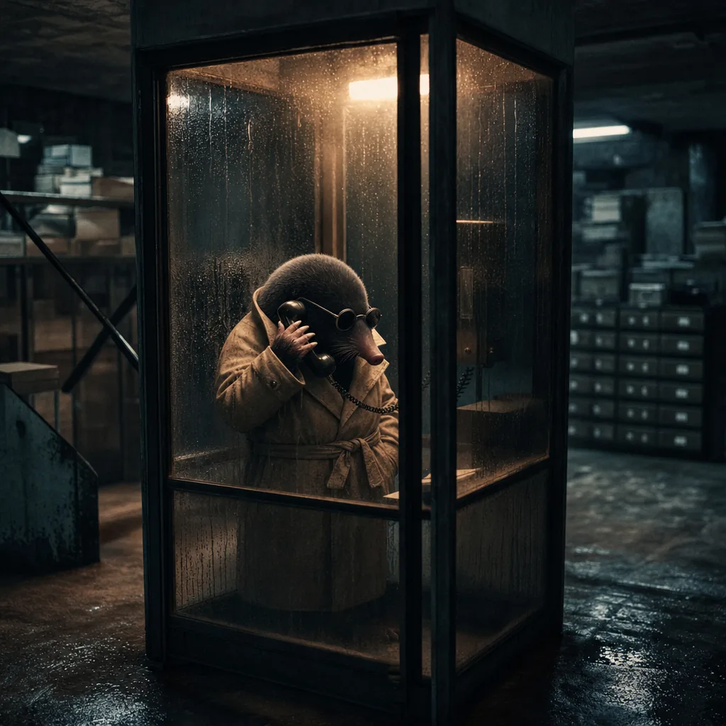 The Mole inside a lit glass telephone booth at night, seen through rain-streaked glass