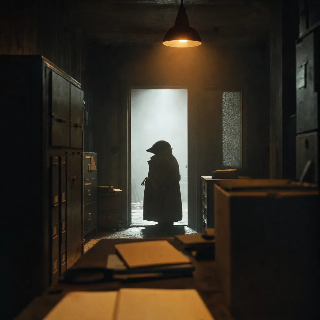 The Mole backlit in a doorway at the end of a dark corridor, face invisible
