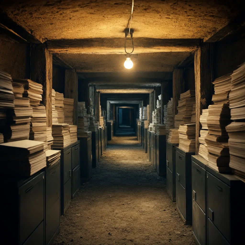 A timber-shored earth tunnel lit by a single bulb, stacks of blank files along both walls