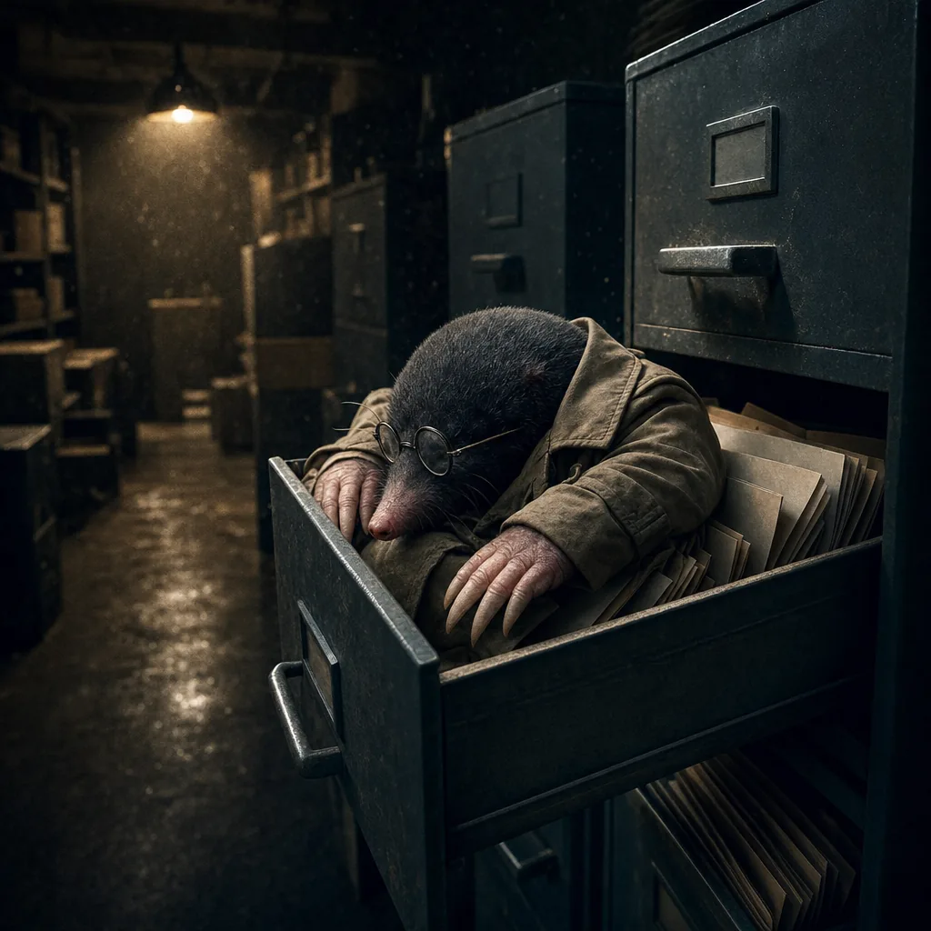 The Mole asleep inside an open steel filing drawer far too small for him