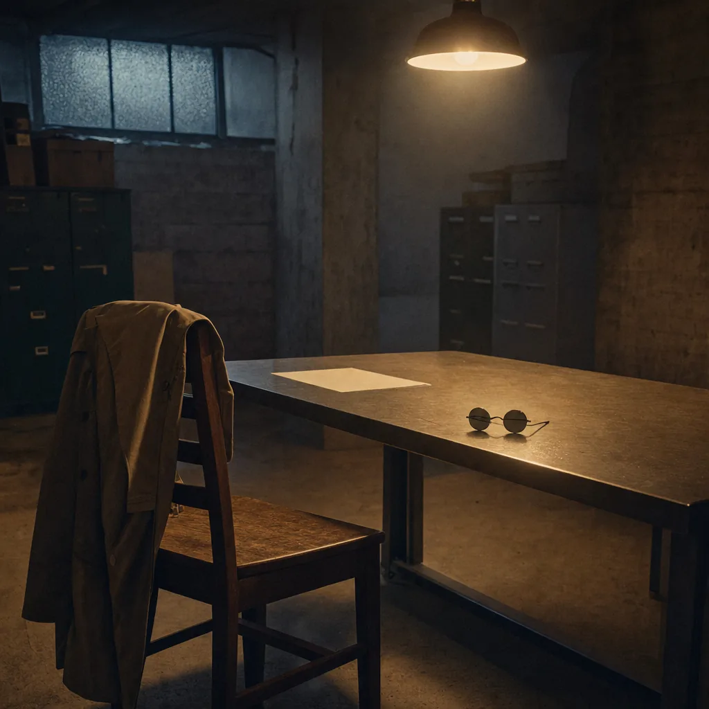 An empty chair in a bare interview room with a fawn trench coat over the back and folded spectacles on the table